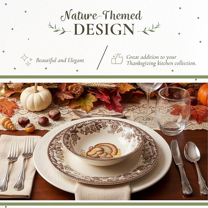 Spode Woodland Thanksgiving Turkey 8" Ascot Cereal Bowl - Classic Holiday Tableware, Salad, Dessert, Nut Bowl with British Flowers Border, Fine Earthenware - Microwave, Oven, Freezer, Dishwasher Safe
