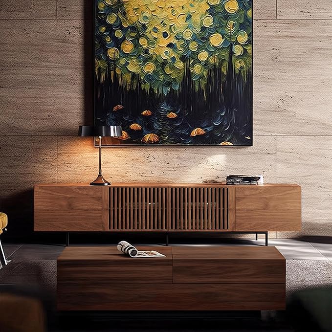 Mid Century Modern TV Stand with 4 Doors, 70.87 Inch Wide Entertainment Center TV Console for Living Room Bedroom, Media Console TV Cabinet with Storage Walnut