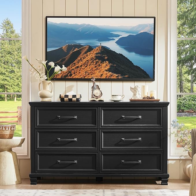 Farmhouse 6 Drawer Dresser for Bedroom, 54 inch Wide Rustic Vintage Chest of Drawers with Square Solid Wood Legs, Large TV Stand for Living Room, Wooden Storage Dressers for Hallway, Black