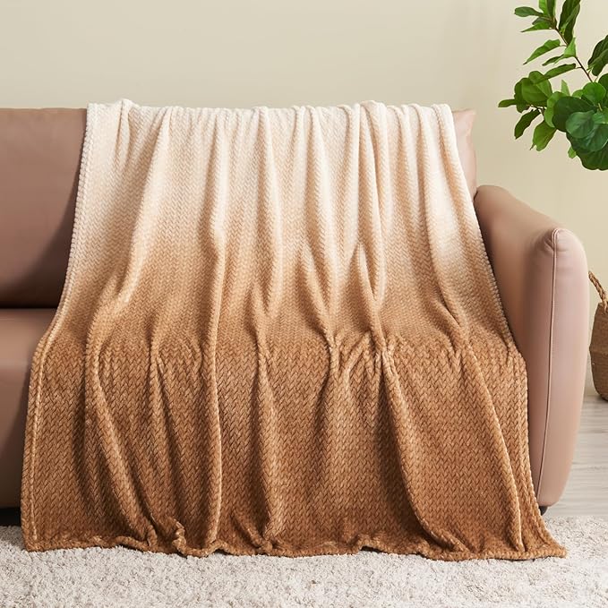 NEWCOSPLAY Super Soft Throw Blanket Ombre Brown Premium Silky Flannel Fleece Leaves Pattern Lightweight Bed Blanket All Season Use (Ombre Brown, Throw(50"x60"))