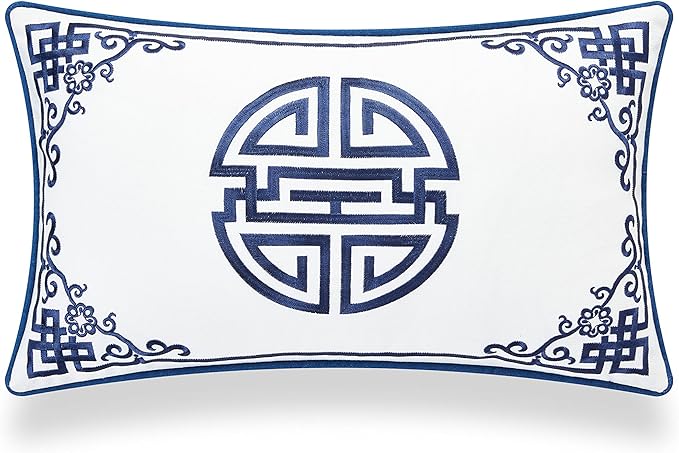 Hofdeco Premium Coastal Hampton Style Patio Indoor Outdoor Lumbar Pillow Cover Only, 12"x20" Water Resistant for Backyard, Couch, Navy Blue Embroidered Longevity Symbol