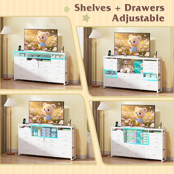 WLIVE White TV Stand for 55, 60, 65 inch TV, Entertainment Center with LED Lights & Charging Station, TV Media Console Table with 15 Fabric Drawers and Open Shelves for Living Room, Hallway, Wood Top