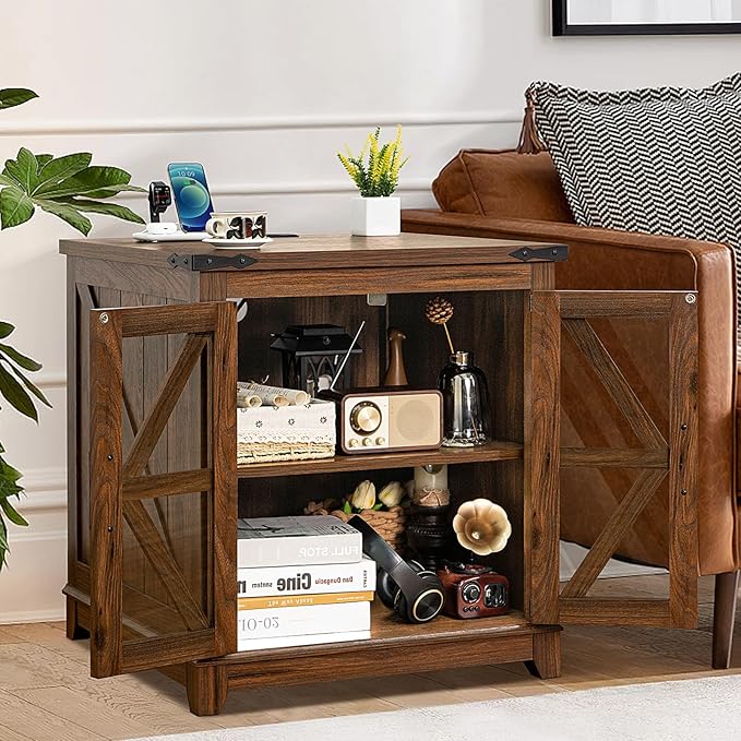 Farmhouse Coffee Table Set, 3 Pieces: Large End Side Tables with Charging Station and Coffee Table with Hidden Storage Compartment, Brown Wood Furniture Sets for Home Office