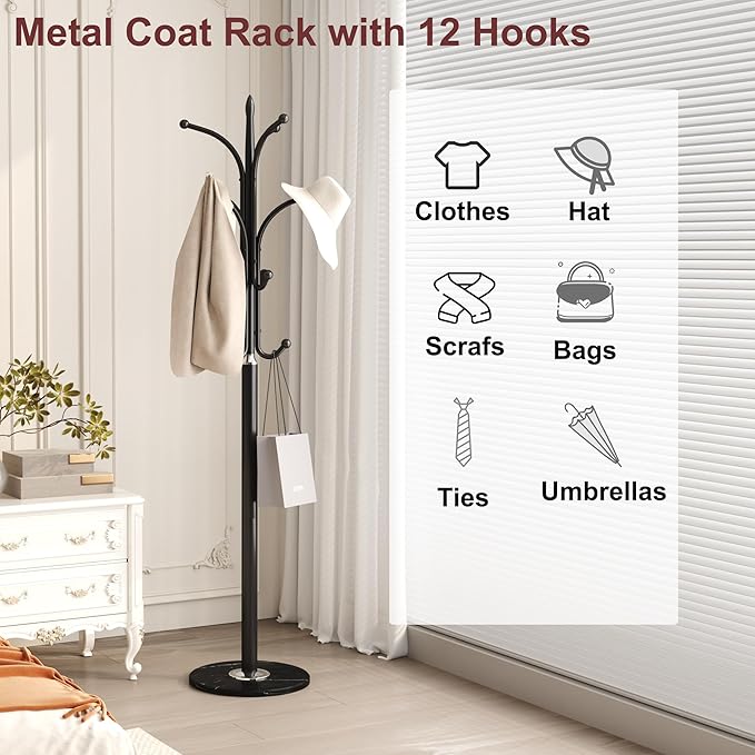 HOMEFORT Metal Coat Rack Stand,Free Standing Hat Hanger with Marble Base,Hall Tree with 12 Hooks for Hanging Hat,Clothes,Bag,Entryway Storage Organizer,Black