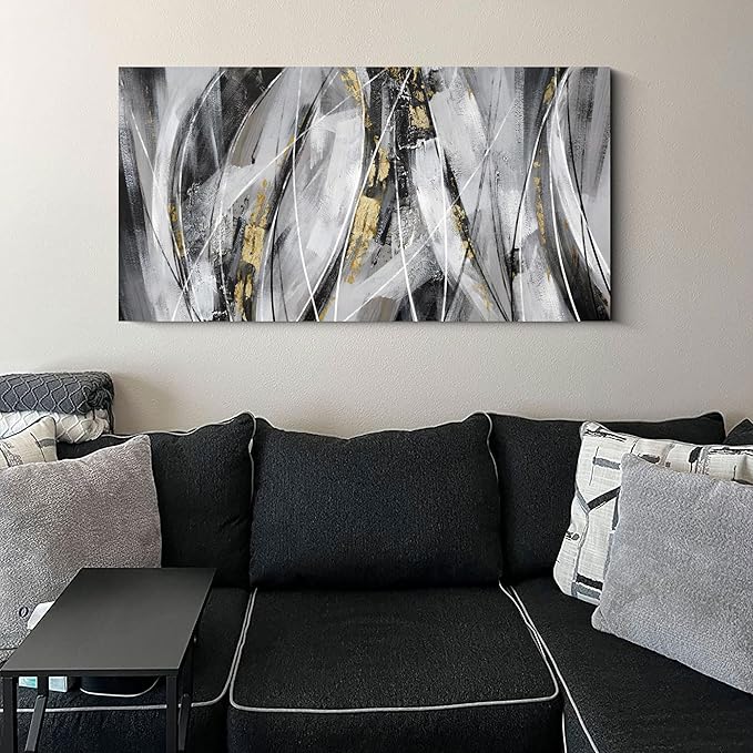 KLAKLA Black and Gold Abstract Wall Art - Big Picture for Living Room Wall - Black and White Canvas Art Work for Home Decor Bedroom Wall Decoration