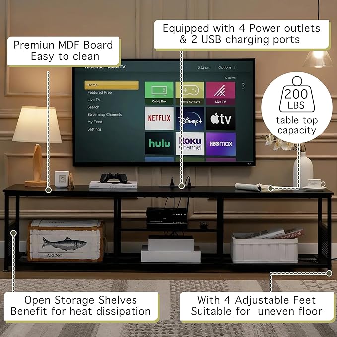VECELO TV Stand with Power Outlets for Televisions up to 75Inch, 62" Media Entertainment Center with Charging Station 3-Tier Open Storage Shelves with Metal Frame for Living Room/Bedroom，Black