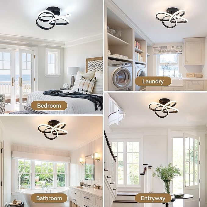 Modern Ceiling Light, 36W LED Dimmable Ceiling Light with Remote Control, 3000-6000K Color Temperature Changing, Balck Small Chandelier for Bedroom, Entryway, Hallway, Kitchen