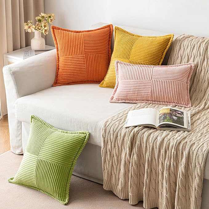 MIULEE Decorative Throw Pillow Covers for Couch Bed Livingroom 18x18 Inch Set of 2 Green Boho Accent Throw Pllows Broadside Striped Patchwork Soft Corduroy Summer Pillowcases