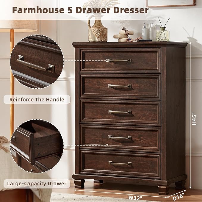 Farmhouse 5 Drawer Dresser for Bedroom, 45” Tall Dresser for Closet, Rustic Wooden Chests of Drawer for Bedroom, Hallway, Entryway, Walnut