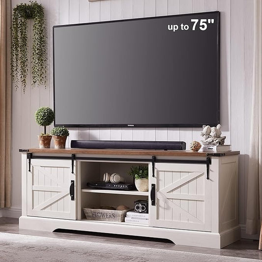 T4TREAM Farmhouse TV Stand for 75 Inch TV, Rustic Entertainment Center w/Sliding Barn Door, Large Media Console Cabinet w/Storage Shelves, Wood Television Stand for Living Room, Antique White