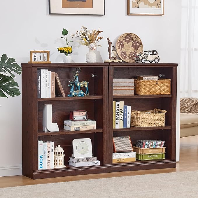 43" Walnut Tall Bookshelf Set of 2,3-Tier Thick Wooden Book Shelf with Adjustable Shelves,Free Standing Farmhouse Bookcase with Open Display Storage,Floor Vintage Bookshelves for Living Room