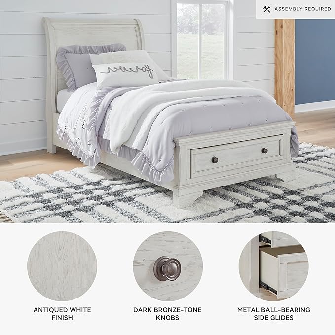 Signature Design by Ashley Robbinsdale Casual Twin Sleigh Storage Platform Bed with 1 Drawer, Foundation or Box Spring Not Needed, White