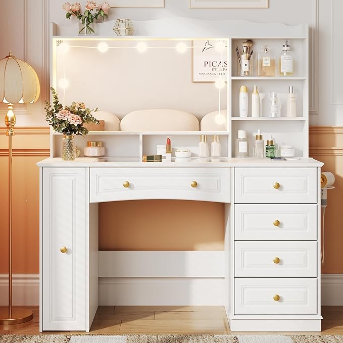 Maupvit 47.1" Makeup Vanity with Mirror and Lights,White Vanity Desk with Drawers and Shelves，Large Makeup Table with Glass Top，Bedroom Dressing Table