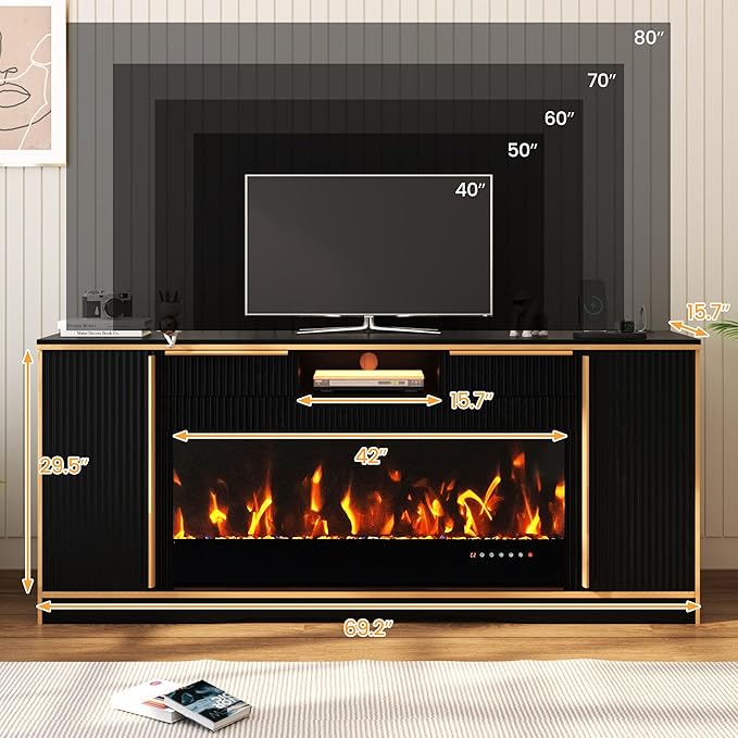 COCO DESIGN Fireplace TV Stand up to 80" TVs, 42" Electric Fireplace TV Console with Crystal Stone, Colorful LED Lights Entertainment Center with Remote Control, Black