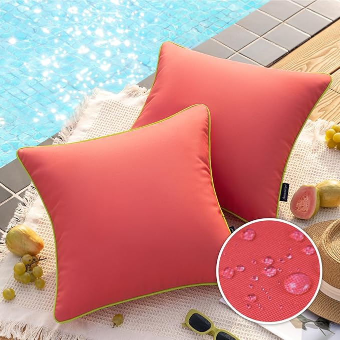 Phantoscope Pack of 2 Outdoor Waterproof Throw Pillow Covers with Contrast Piping, Decorative Square Cushion Case Patio Pillows for Couch Tent Sunbrella, Rose Pink 18x18 inches
