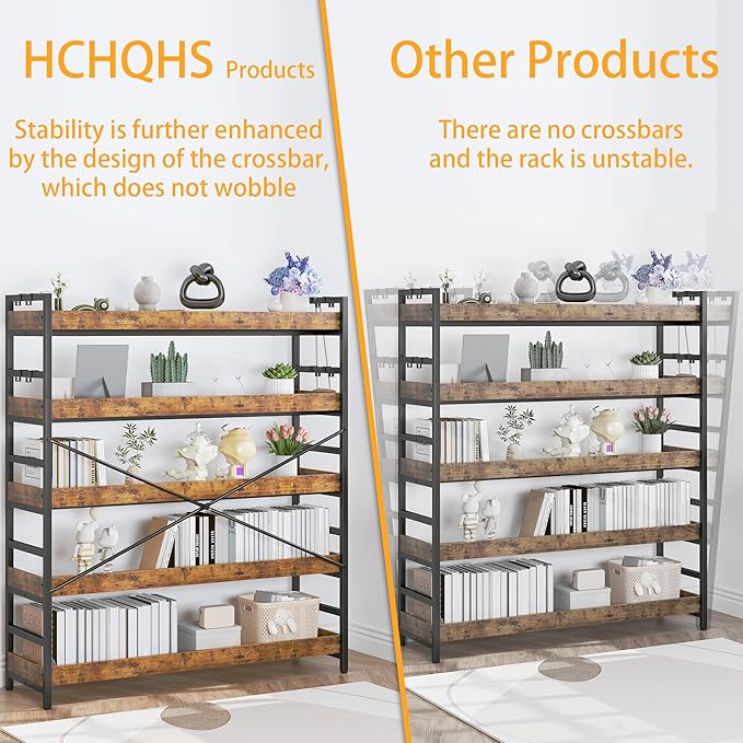 HCHQHS 5 Tier Bookshelf, Adjustable Industrial Bookcase, Vertical Tall Book Shelf, Wood and Black Metal Open Bookshelves for Home Office, Living Room, Bedroom