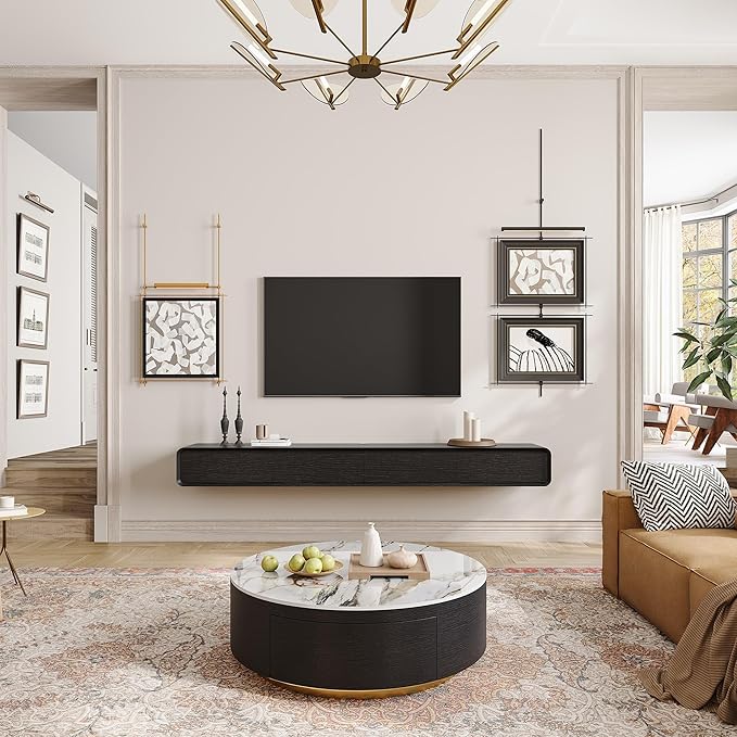 Fully-Assembled Minimalist Floating TV Stand, Modern Wall-Mounted Entertainment Center with 4 Flip-Down Cabinet Doors, Solid Wood Media Console, Black Oak, 94"