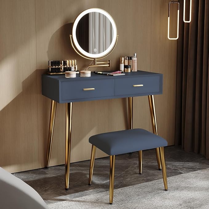 IKuinen Makeup Vanity Desk with Mirror and Lights, Small Vanity Table with 2 Drawers, Stool,Vanity Set for Bedroom with Microfiber Leather, 3 Lighting Modes - 31.5In Blue