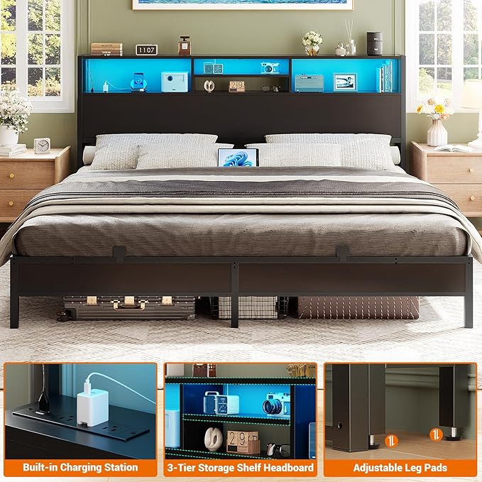 Aheaplus Headboard for King Size Bed with Storage, Headboards with Outlets, USB Ports and LED Light, King Size Head Board Only, Height Adjustable, Reversible, Sturdy and Stable Headboard, Black