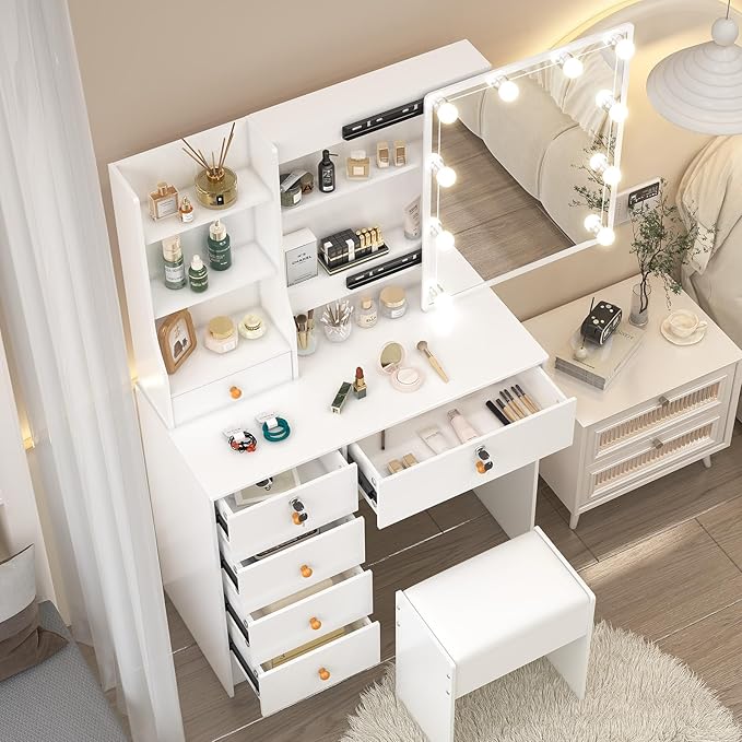 Small Makeup Vanity Desk with Lights and Slidind Mirror, Vanity Table Set with Chair, Lighted Dressing Table with 3 Adjustable Light Modes, 6 Drawers, 6 Shelves, White Vanity Desk for Women