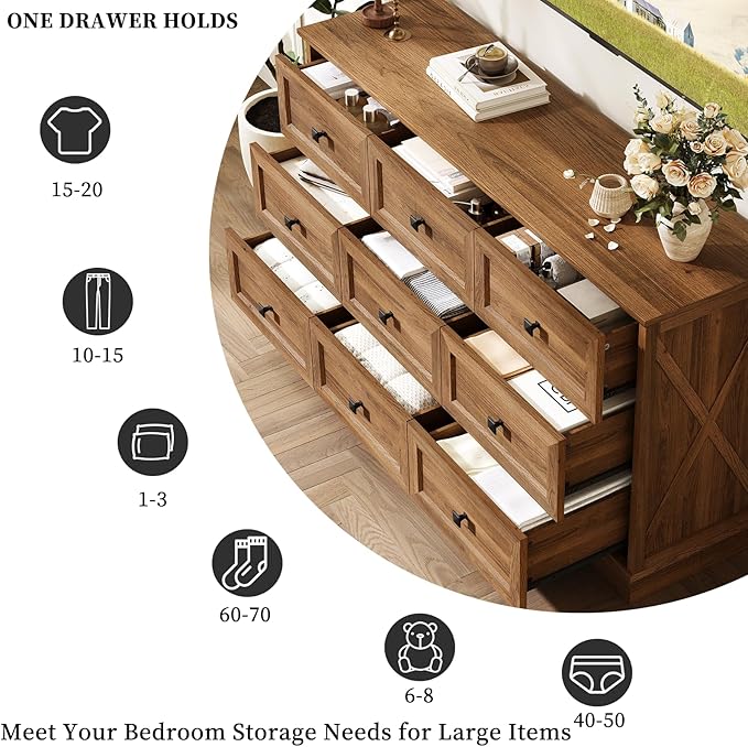 Farmhouse 9 Drawers Dresser Chests for Bedroom, 9 Drawers TV Stand, Long Wood Dressers Organizer for Closet, Modern Storage Organizer Cabinet for Bedroom, Hallway & Entryway, Natural Oak