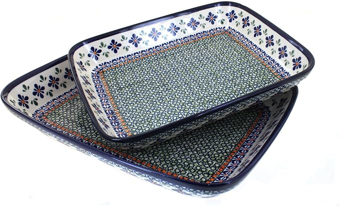 Blue Rose Polish Pottery - Blue Mosaic Flower Rectangular Baker Set - 2 Bakers - Unique, Dishwasher Safe, & Durable Bakeware