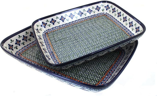 Blue Rose Polish Pottery - Blue Mosaic Flower Rectangular Baker Set - 2 Bakers - Unique, Dishwasher Safe, & Durable Bakeware