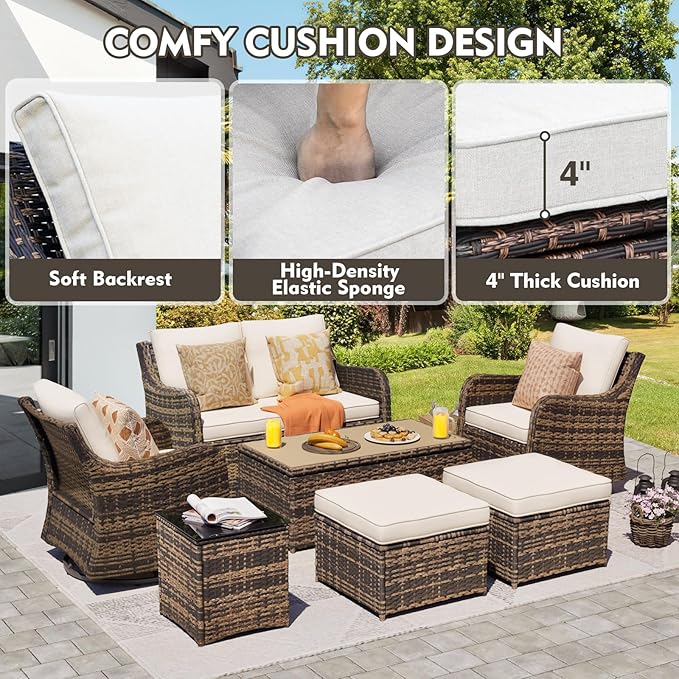 Outdoor Patio Furniture Set with Swivel Chairs, 7 Pieces Wicker Rattan Sofa Couch with Loveseat, Patio Conversation Set with Rocker Patio Chair, 2 Ottomans and Coffee Table (Brown)