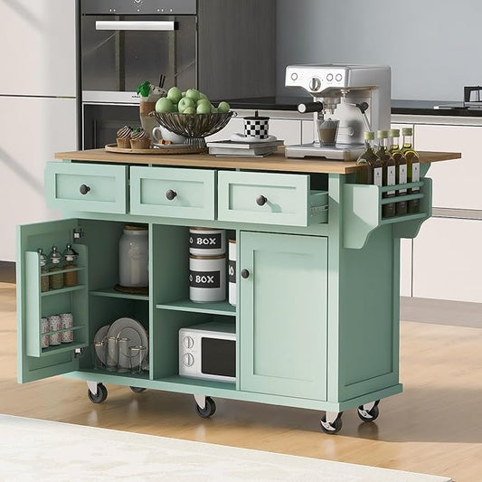Merax Kitchen Island on Wheels with Storage Drawers and Cabinets, Rolling Kitchen Cart with Drop Leaf, Wood Portable Island with Internal Storage Racks for Dinning Room, Mint Green