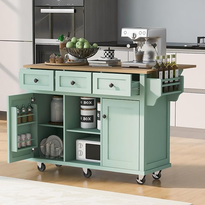 Kitchen Island Cart with Drop-Leaf Cabinet Door Internal Storage Rack 5 Wheels 3 Drawers for Kitchen, Dining Room, Bathroom 53.1" W*29.5" D*37.2" H Mint Green