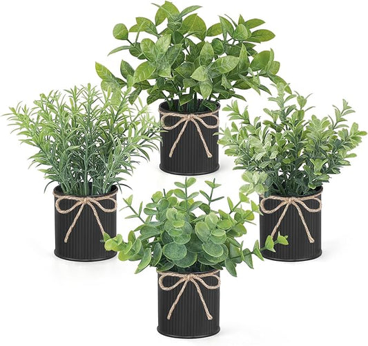 Mkono 4 Packs Small Fake Plants in Farmhouse Galvanized Pots Mini Potted Artificial Eucalyptus Plants for Halloween Decorations Shelf Office Bathroom Rustic Home Decor (Black)