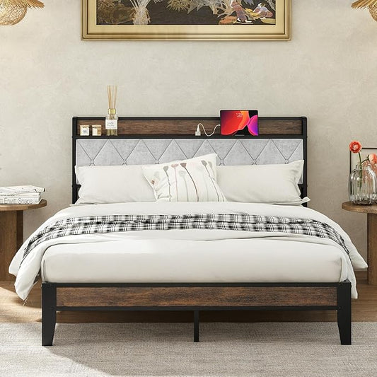 Sweetcrispy Queen Bed Frame with Headboard,Spacious Underbed Storage,Integrated Charging Station,Durable Squeak-Free Frame,Simple No-Tool Assembly,Works with Queen Mattress No Box Spring Required