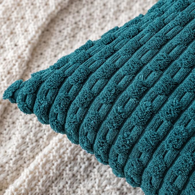MIULEE Throw Pillow Covers Soft Corduroy Decorative Set of 2 Boho Striped Pillow Covers Pillowcases Farmhouse Home Decor for Couch Bed Sofa Living Room 16x16 Inch Teal Blue