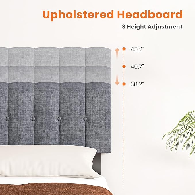 Sweetcrispy Twin Size Bed Frame - Fabric Upholstered Platform Bed with Headboard, 530LBS Sturdy Wooden Slats Support, No Box Spring Needed, Noise Free, Easy Assembly, Grey