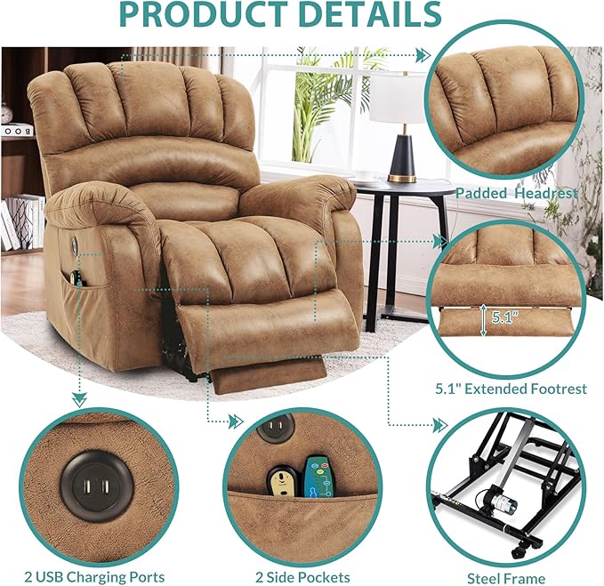MEETWARM Large Power Lift Electric Recliner Chair with Extended Footrest for Elderly, Big and Tall Lift Chair for Seniors Reclining Chair for Living Room with Massage and Heated,USB Ports(Sand)