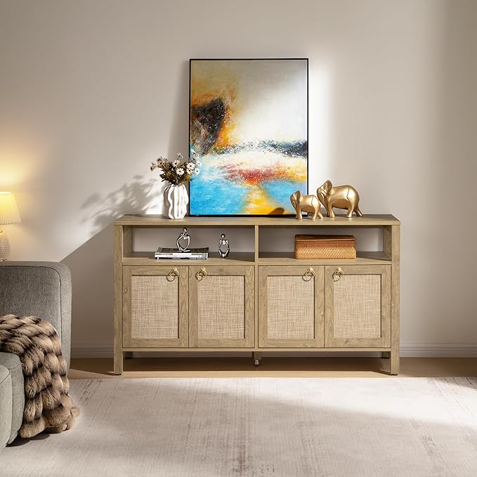 SICOTAS Rattan TV Stand for Television up to 120 Inch - Large Entertainment Center with Storage and Open Shelves, Boho Media TV Console Cabinet with Doors and Adjustable Shelf for Living Room