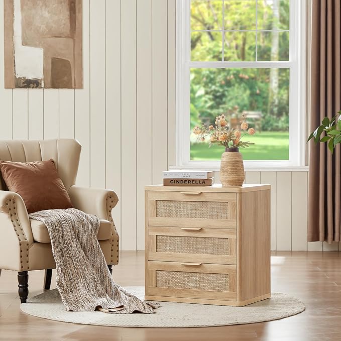 LEYAOYAO Rattan Night Stand Set of 2 with Drawers, 23" Large 3 Drawer Boho Nightstand, Natural Wood Bedside Table Storage Cabinet, Bed Side End Tables Dresser for Bedroom, Living Room, Hallway, Closet