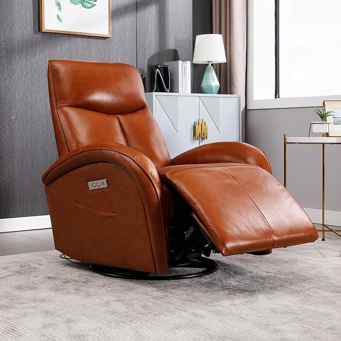 Power Rocker Recliner with 270° Swivel and 30° Rock, Genuine Leather Recliner Swivel Chair with USB and Type-C Ports, Red Brown Recliner Chairs for Adults, 22.4" Extra Wide
