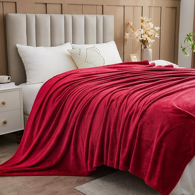 NEWCOSPLAY Super Soft Queen Blanket Red Premium Silky Flannel Fleece Leaves Pattern Lightweight Bed Blanket All Season Use (Red, Queen(90"x90"))