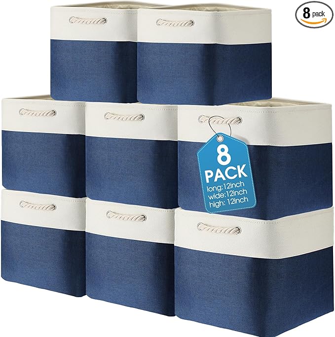 meekoo 8 Pack Collapsible Storage Bins Fabric Storage Bins Polyester Fabric Baskets with Handles Linen Closet Organizer for Shelf Home Closet Towels Toys(12 x 12 x 12 in,Blue White)
