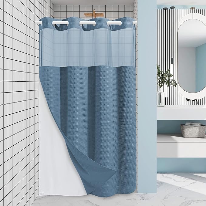 Moonlight Blue Stall No Hook Shower Curtain with Snap in Liner,230GSM Waffle Weave Shower Curtains for Bathroom,54W x 80H