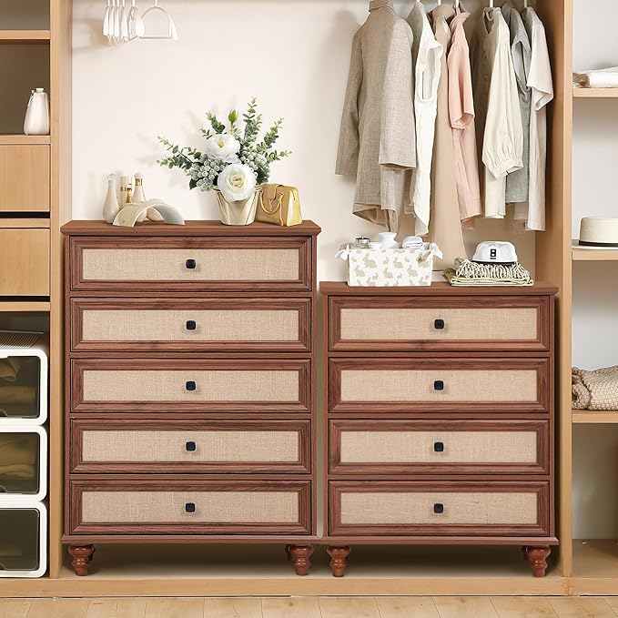ORRD 4 Drawer Dresser for Bedroom, Mid Century Modern Wide Wood Rustic Chest of Drawers Wooden Storage Organizer Dressers with Burlap Rattan Drawers for Living Room, Hallway Closet, Entryway, Walnut