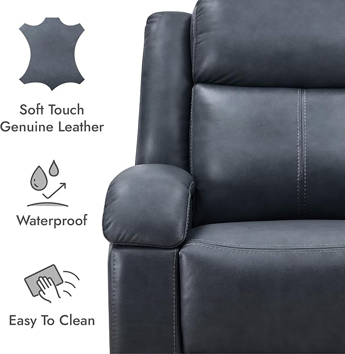 Watson & Whitely Genuine Leather Power Recliner Chairs for Adults, Wall Hugger RV Recliner with Power Headrest & Charging Ports, Electric Recliner Sofa Chair for Living Room, Navy