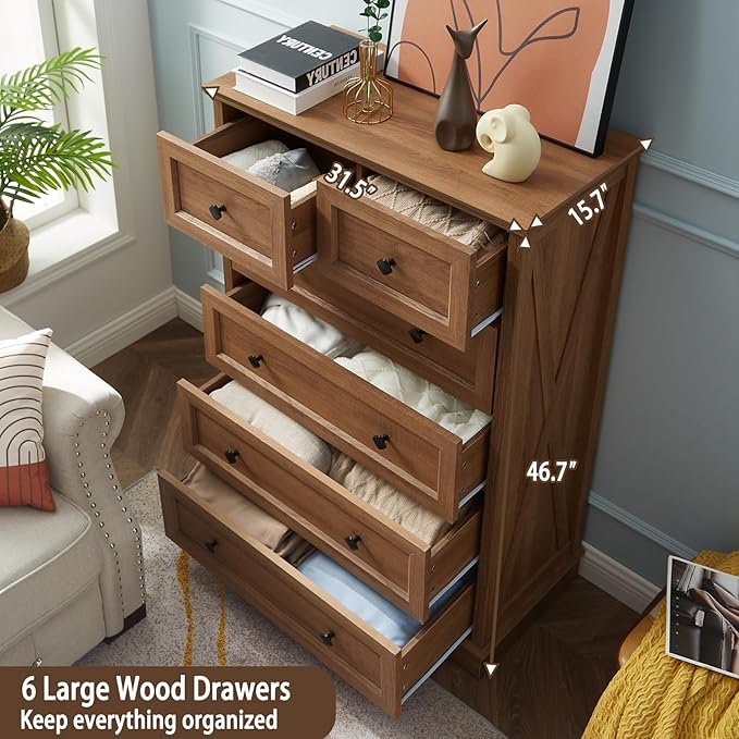 Farmhouse 6 Drawers Dresser Chests for Bedroom, Rustic 6 Chest of Drawers, Wood Dressers Organizer for Closet, Modern Storage Organizer Cabinet for Living Room, Hallway, Entryway, Natural Oak