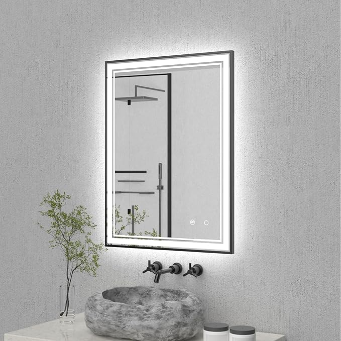 30" x 22" LED Bathroom Mirror with Lights Framed LED Mirror for Bathroom Backlit and Front Lighted Bathroom Mirror Black Square Aluminum Frame Anti-Fog Dimmable Adjustable Shatter-Proof