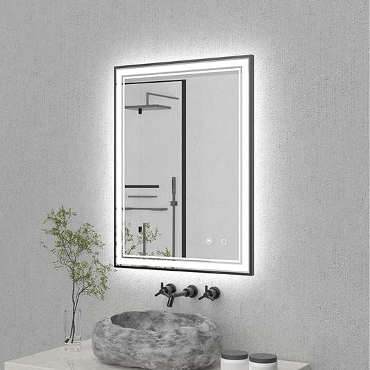 30" x 22" LED Bathroom Mirror with Lights Framed LED Mirror for Bathroom Backlit and Front Lighted Bathroom Mirror Black Square Aluminum Frame Anti-Fog Dimmable Adjustable Shatter-Proof