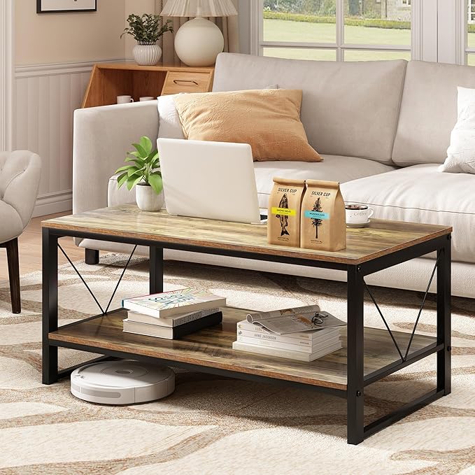 Rectangle Coffee Table Tea Table with Storage Shelf, Farmhouse Wooden Coffe Table for Living Room Table, 40" Rustic Center Table 2-Tier Minimalist Coffee Table Easy Assembly (Natural Wood)