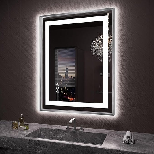 Amorho 28"X36" LED Bathroom Mirror, Brushed Nickel Framed Mirror with Front Light and Backlit, Stepless Dimmable, Anti-Fog, Shatter-Proof, Memory, 3 Colors