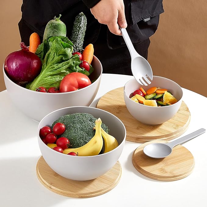 Salad Bowls Set of 3 with Lid & Serving Utensils, Bamboo Fiber Mixing Bowls Set Large Serving Bowls & Storage Set with Bamboo Lid for Salad, Kitchen Eating, Pasta, Popcorn, Chips, Fruit, Grey