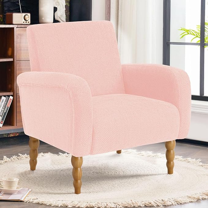 Chenille Fabric Accent Chair, Upholstered Armchair with Solid Wood Legs, Modern Living Room Accent Chair, Comfy Single Sofa Chair Reading Club Chair for Bedroom Reception Lounge, Pink
